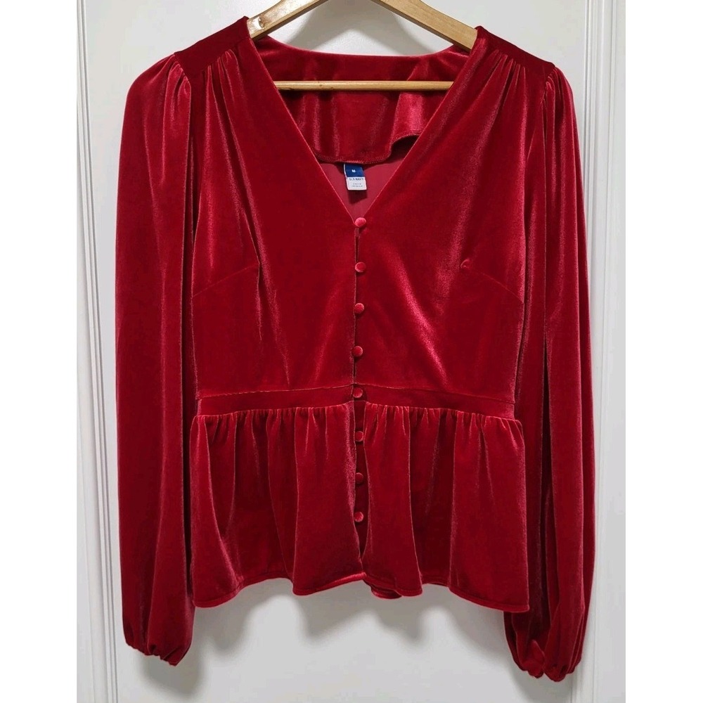 Red Velvet Peplum Button Up V Neck Puff Sleeve Top Old Navy Holiday Sz M